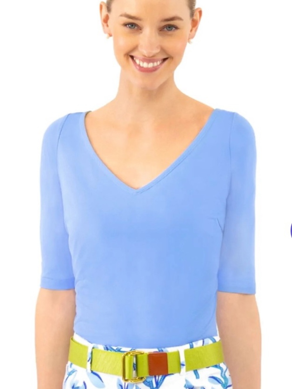 Gretchen Scott NWT Womens Medium Blue V Neck Stretch Top 3/4 Sleeve Golf - Picture 6 of 15